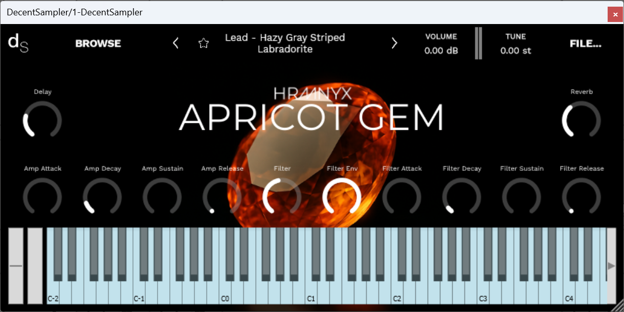 A screenshot of the Apricot Gem Sample Library instrument interface in Decent Sampler.